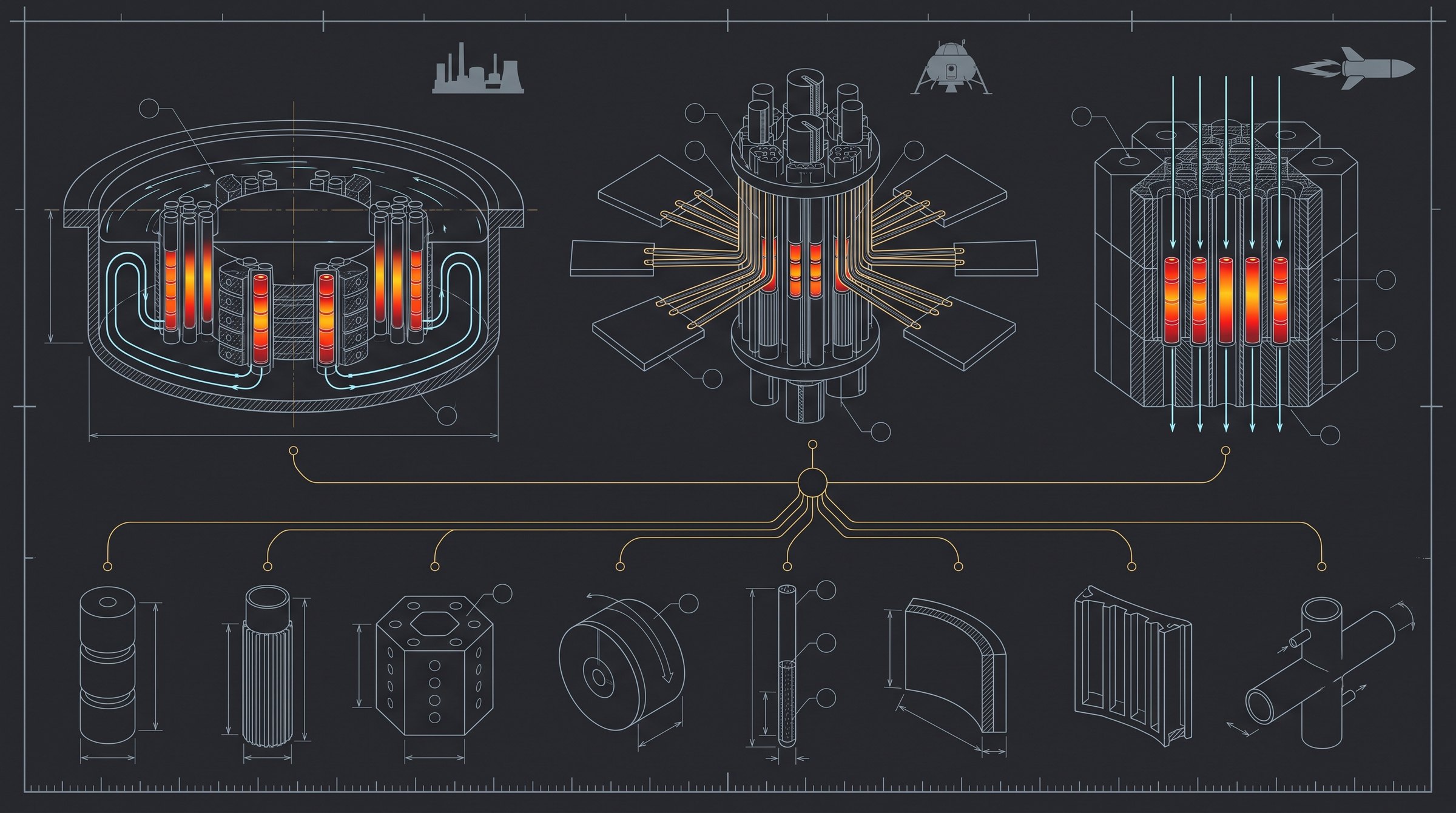 Schematic: a row of shared components at the base feeds one reactor core, which appears again above at three different sizes, largest for a terrestrial power site, medium for a lunar habitat, smallest for a spacecraft